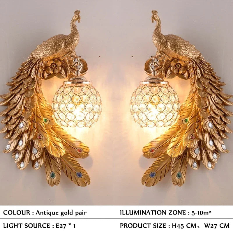 Vintage Peacock Wall Lamp – Resin & Crystal Decorative Wall Sconce