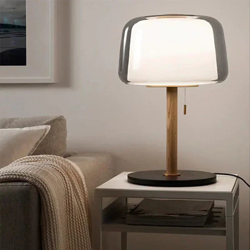 Nordic French Cream Table Lamp with Clear Glass Shade & Wood–Metal Base