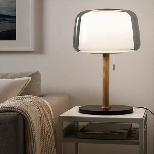 Nordic French Cream Table Lamp with Clear Glass Shade & Wood–Metal Base