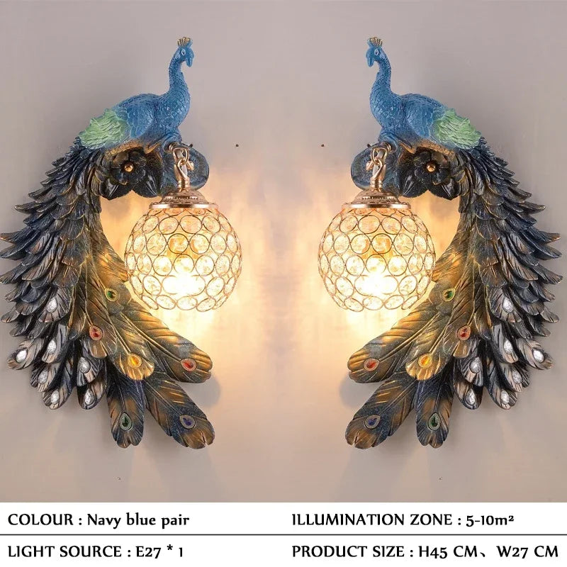Vintage Peacock Wall Lamp – Resin & Crystal Decorative Wall Sconce