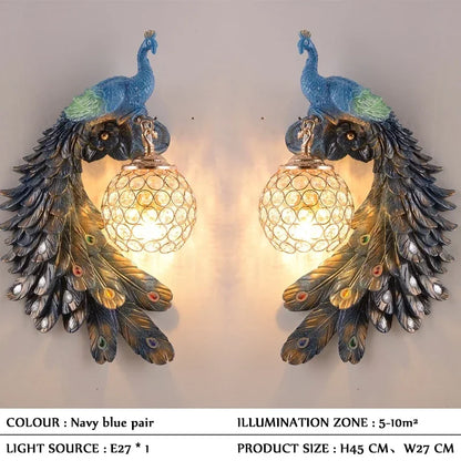 Vintage Peacock Wall Lamp – Resin & Crystal Decorative Wall Sconce