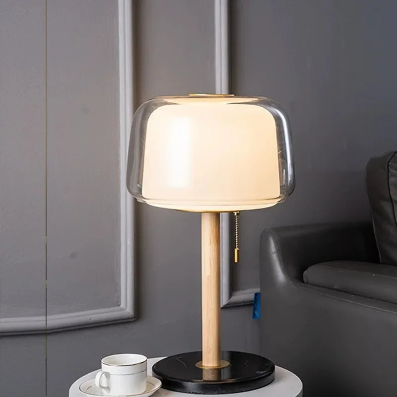 Nordic French Cream Table Lamp with Clear Glass Shade & Wood–Metal Base