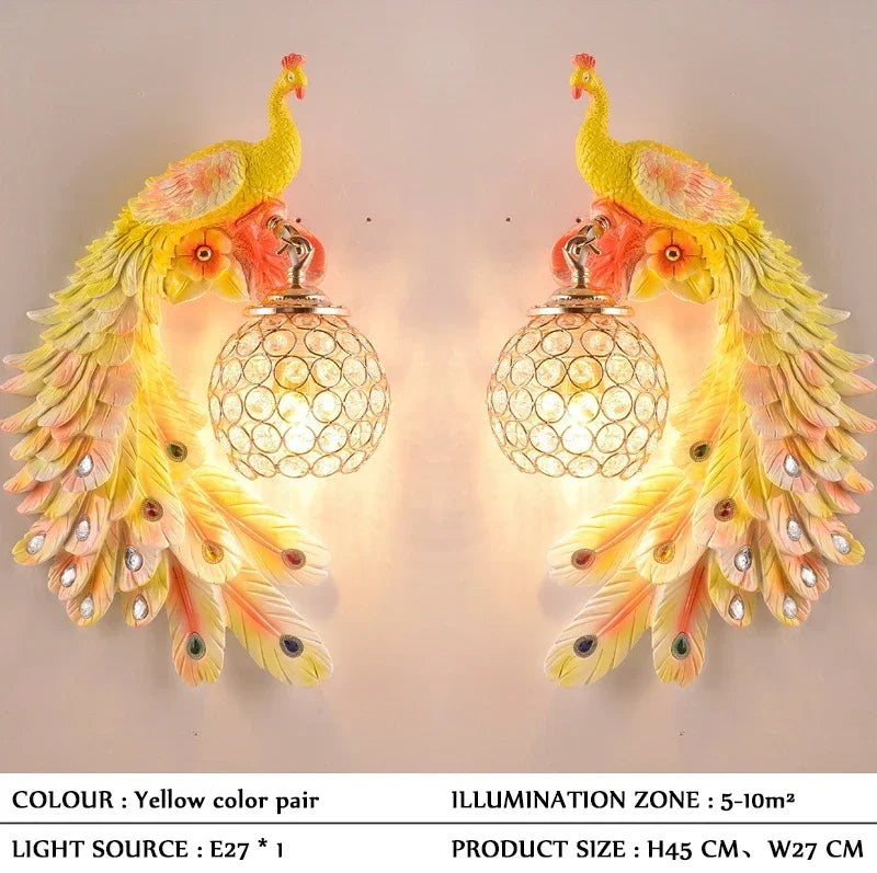 Vintage Peacock Wall Lamp – Resin & Crystal Decorative Wall Sconce
