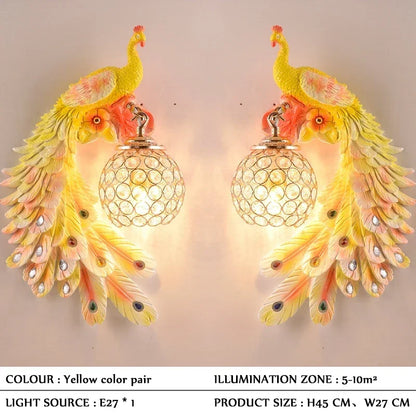 Vintage Peacock Wall Lamp – Resin & Crystal Decorative Wall Sconce