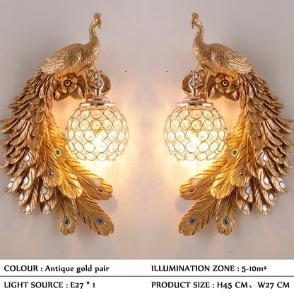 Vintage Peacock Wall Lamp – Resin & Crystal Decorative Wall Sconce