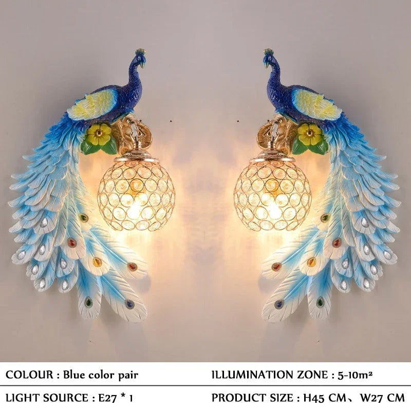 Vintage Peacock Wall Lamp – Resin & Crystal Decorative Wall Sconce