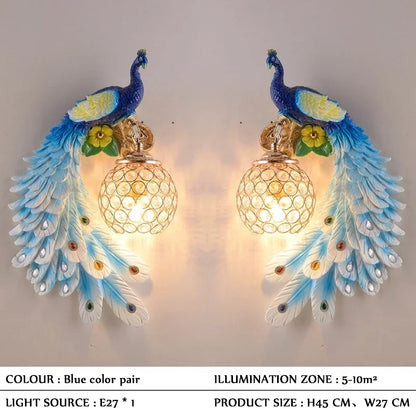 Vintage Peacock Wall Lamp – Resin & Crystal Decorative Wall Sconce