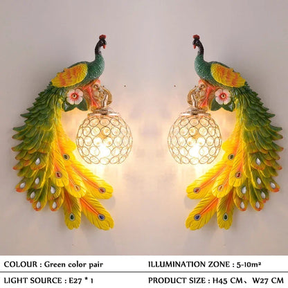 Vintage Peacock Wall Lamp – Resin & Crystal Decorative Wall Sconce