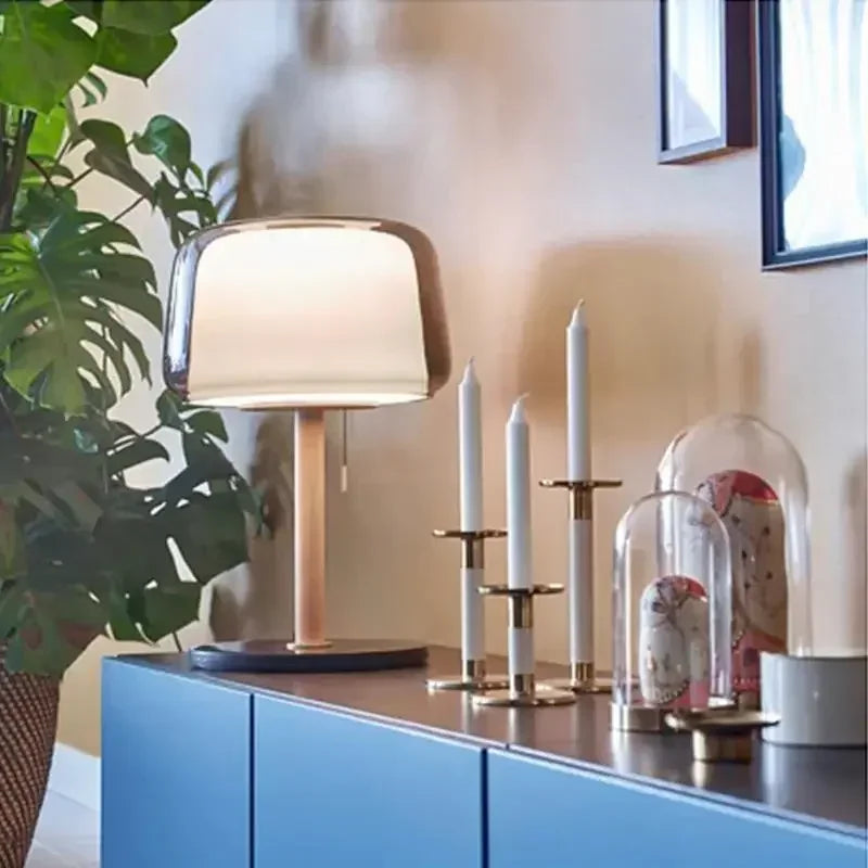 Nordic French Cream Table Lamp with Clear Glass Shade & Wood–Metal Base