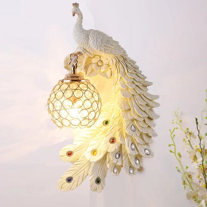 Vintage Peacock Wall Lamp – Resin & Crystal Decorative Wall Sconce