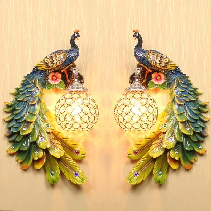 Vintage Peacock Wall Lamp – Resin & Crystal Decorative Wall Sconce