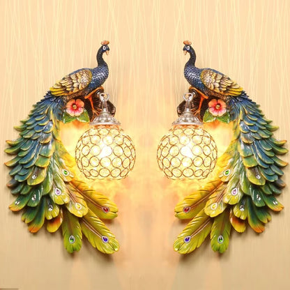 Vintage Peacock Wall Lamp – Resin & Crystal Decorative Wall Sconce