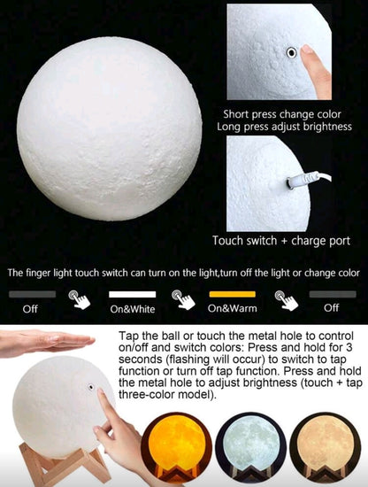 3D Moon Lamp — Touch & Remote Rechargeable LED Light